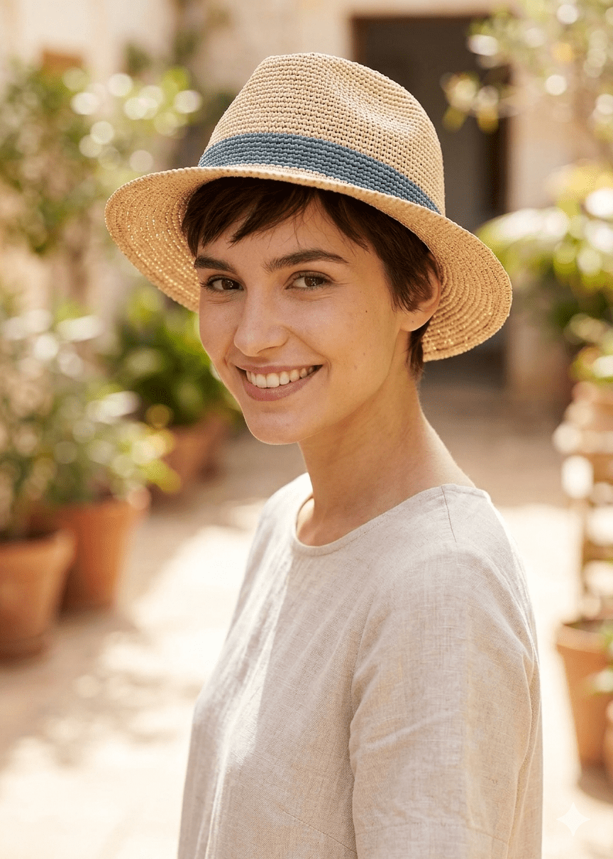 Textured Pixie With Fedora Textured Pixie With Fedora — Hat Hairstyles