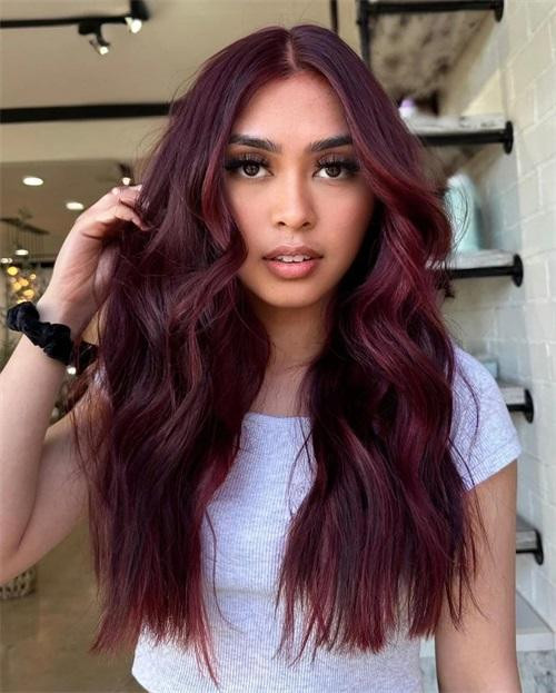 Deep Maroon Mid-Back with Bangs Deep Maroon Mid-Back with Bangs — Maroon Hair