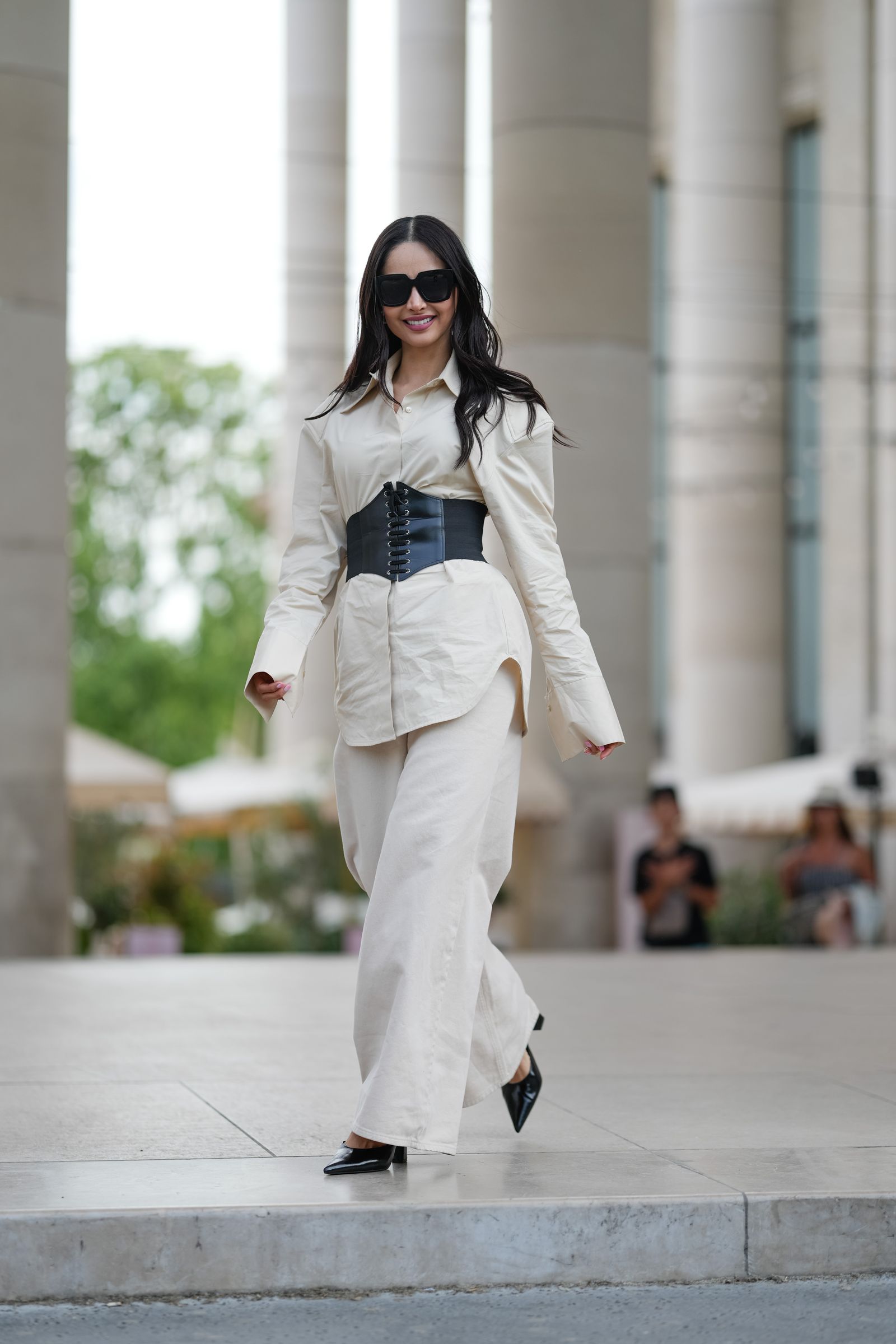 Structured Casual: Leather Corset Over Oversized Shirt — Corset Outfits
