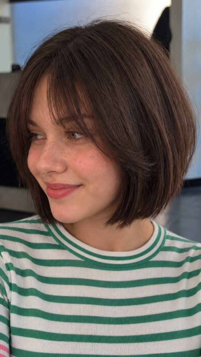Natural Dark Brown Bob With Soft Waves Natural Dark Brown Bob With Soft Waves — Bob with Curtain Bangs