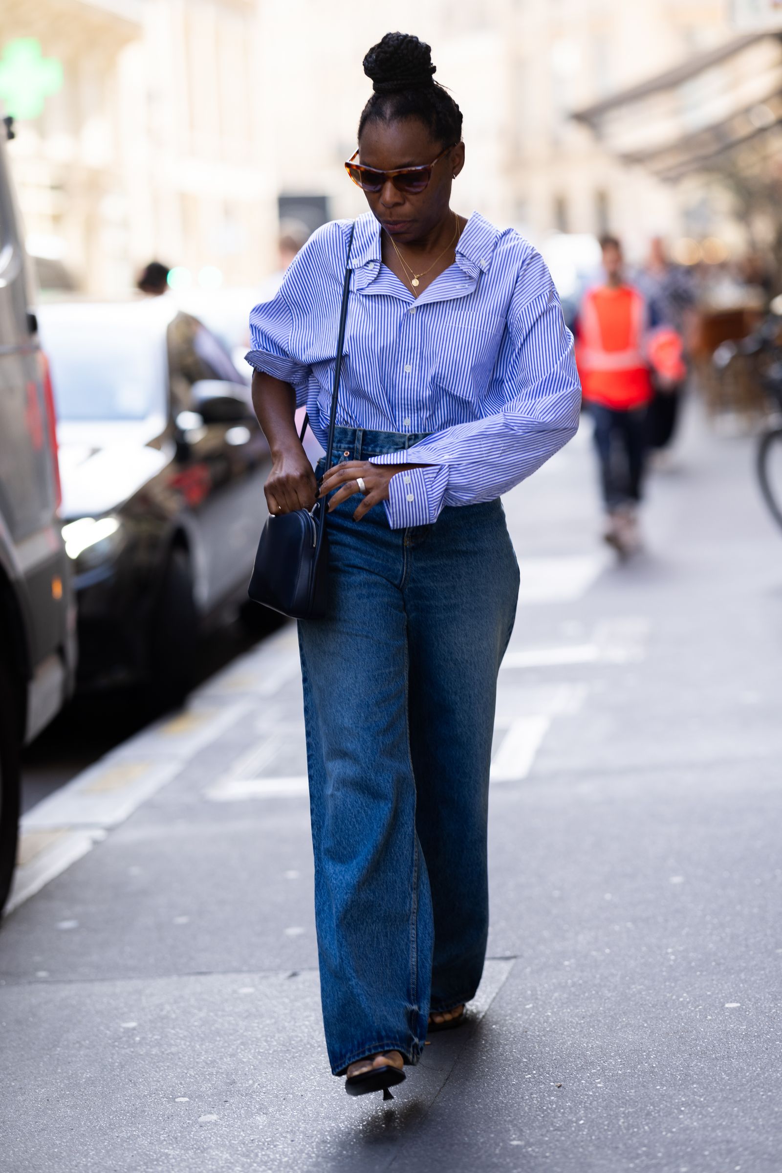 Blue Wide Leg Jeans with an Oversized Striped Shirt and Sandals