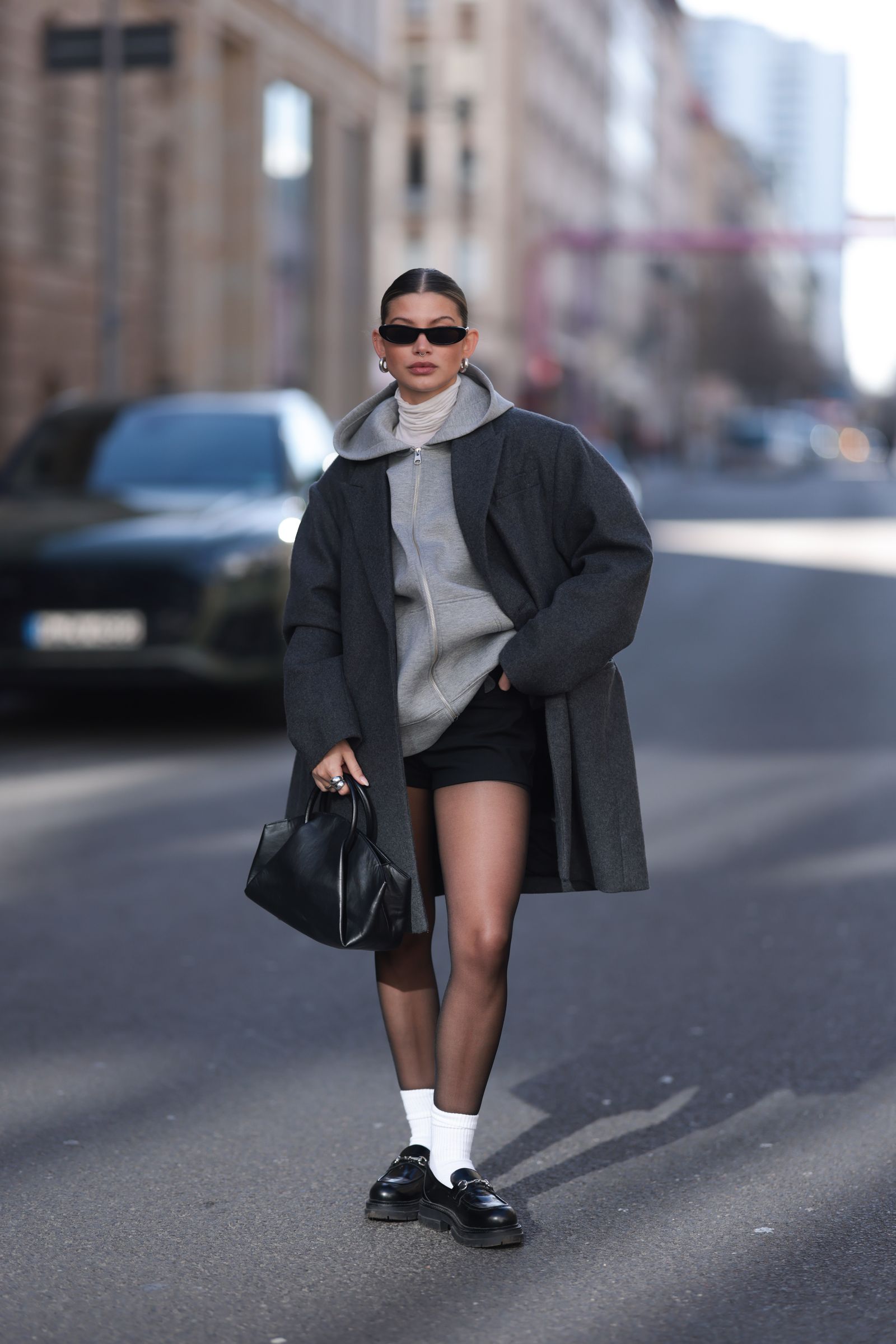Chunky Loafers with White Socks, Grey Coat, and Hoodie — Loafer Outfits