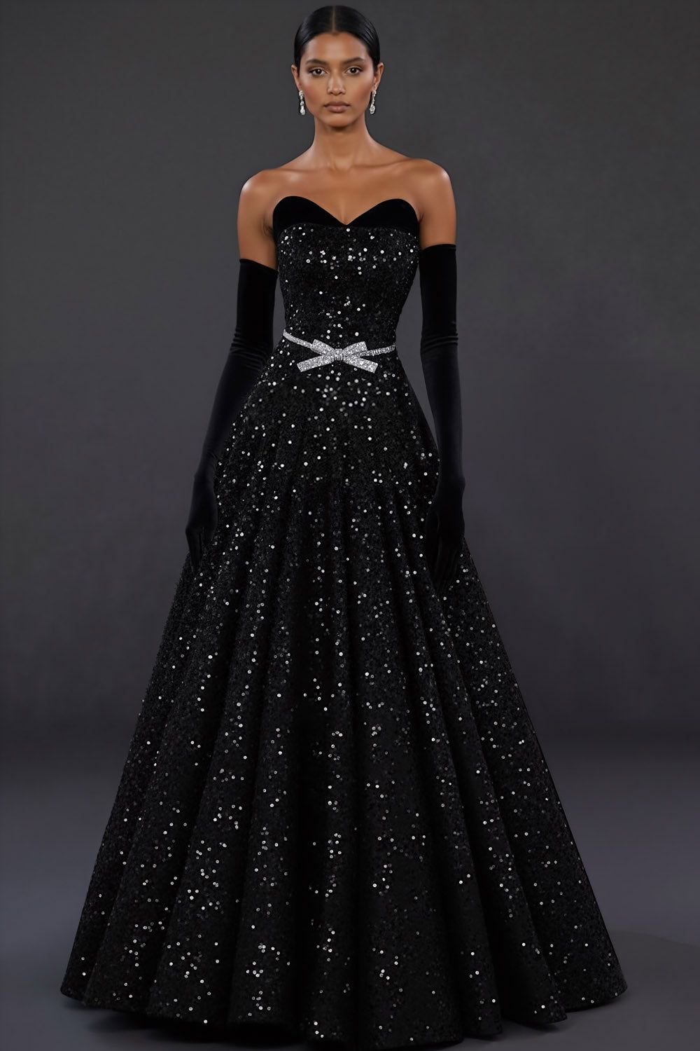 Black Sequin Ball Gown with Velvet Accents — Military Ball Dresses