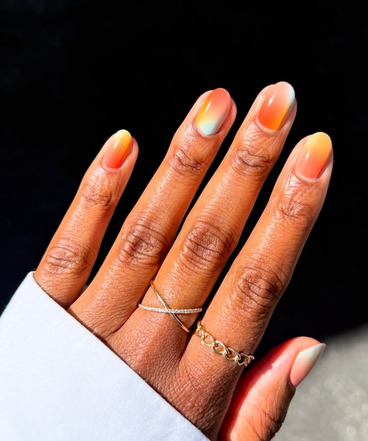 Orange-Yellow-Blue Gradient Short Oval Nails — Girls Trip Nails