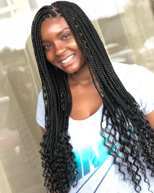 Mid-Back Black Box Braids with Curly Ends and Beads — Braids with Curls