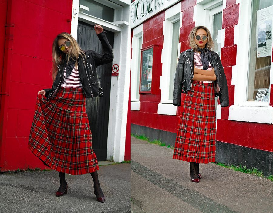 Edgy Biker Jacket with Red Tartan Skirt and Striped Tee — Scotland Outfits
