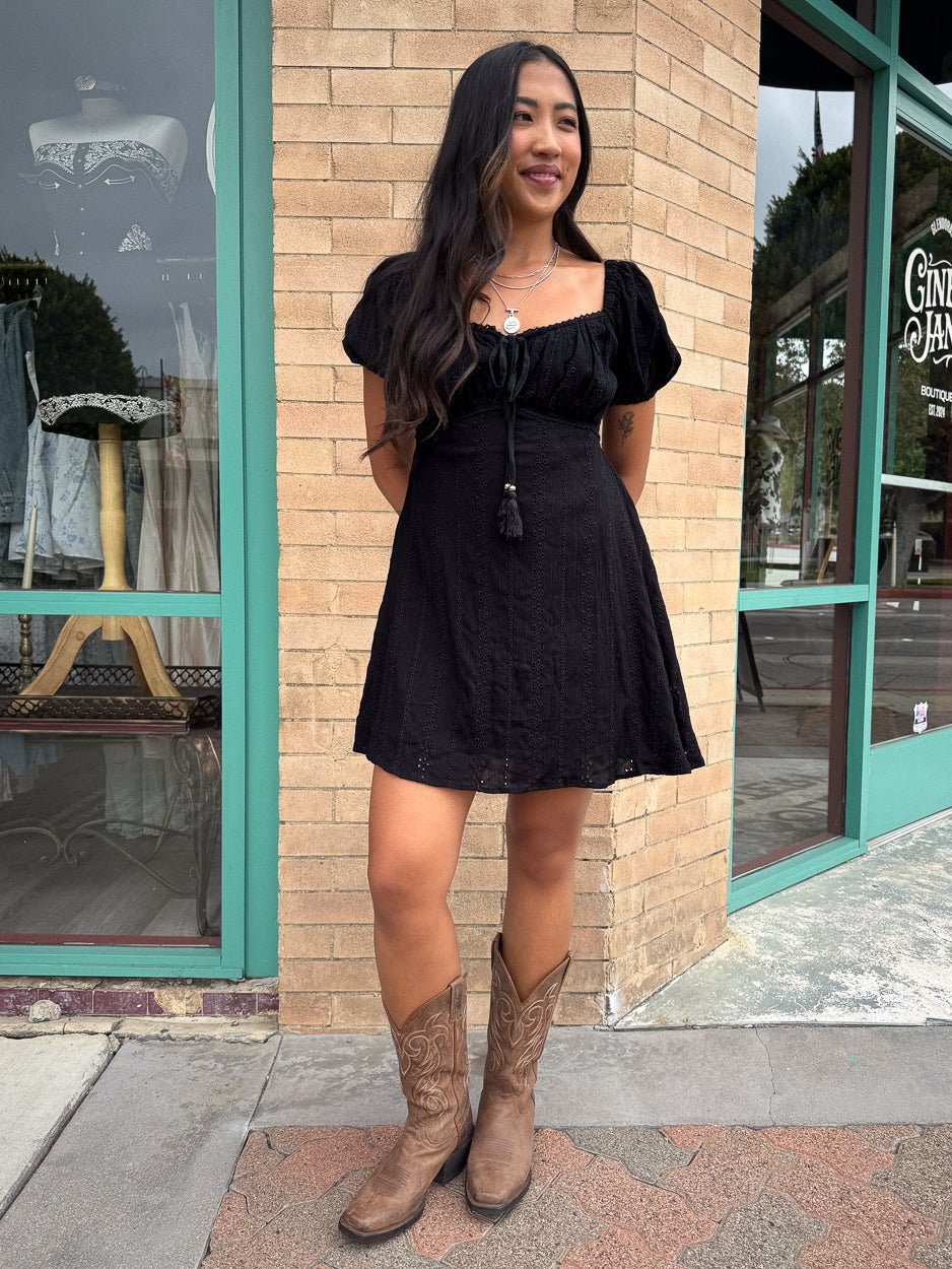 Eyelet Puff Sleeve Black Mini Dress with Smocked Bodice — Little Black Dresses