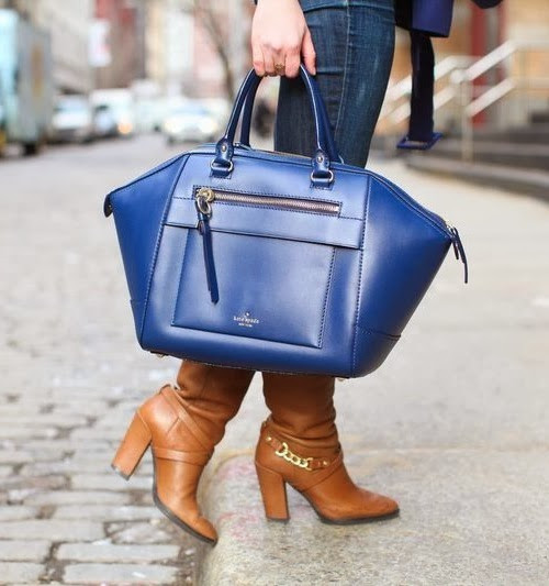 Large Blue Leather Handbag with Denim and Ankle Boots Large Blue Leather Handbag with Denim and Ankle Boots — Kate Spade Bag Outfits