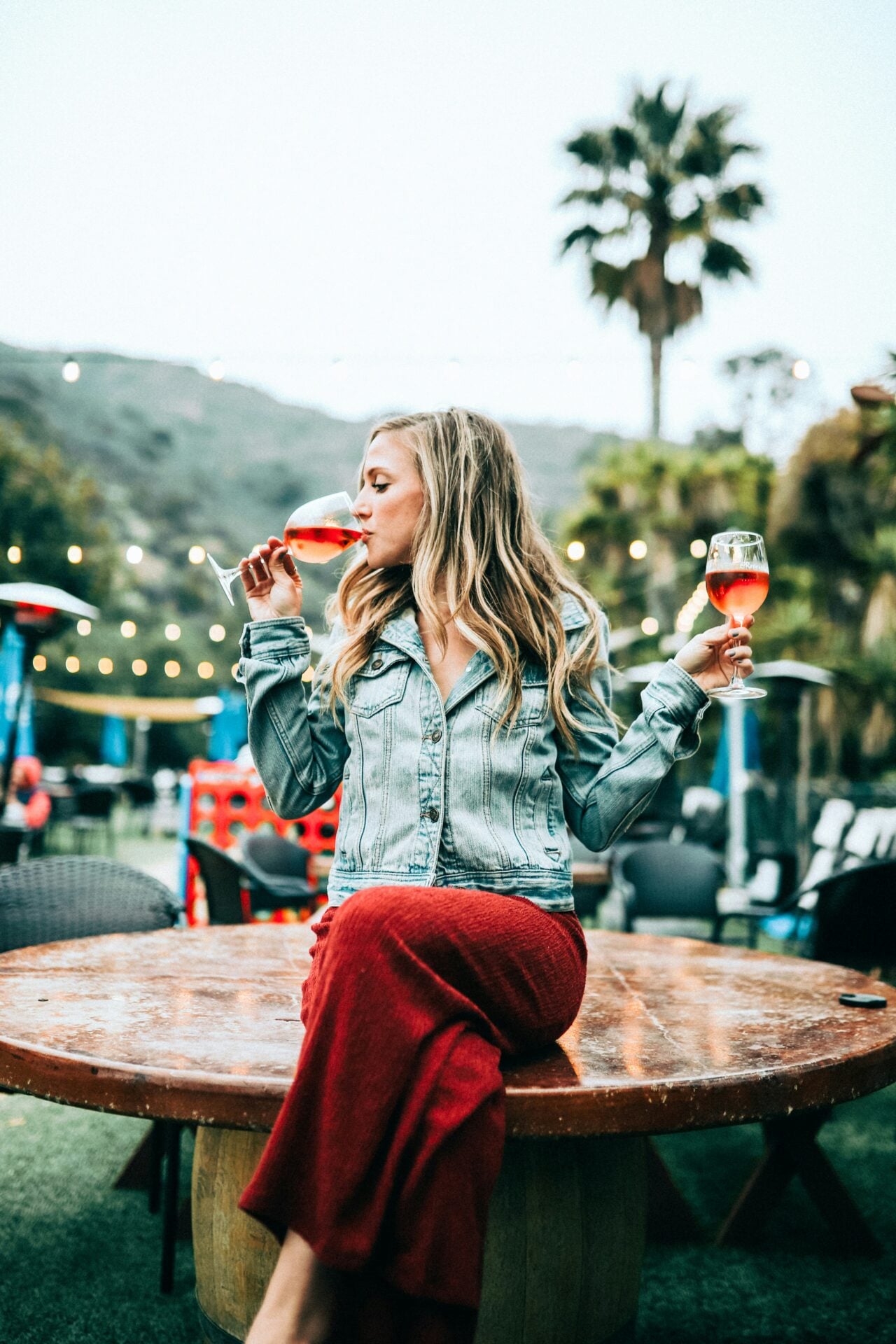 Denim Jacket Over a Flowing Red Maxi Skirt for a Winery Vibe — Winery Outfits
