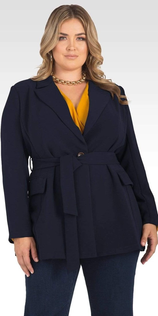 Belted Blazer with Bright Top and Gold Necklace — Outfits for Inverted Triangle