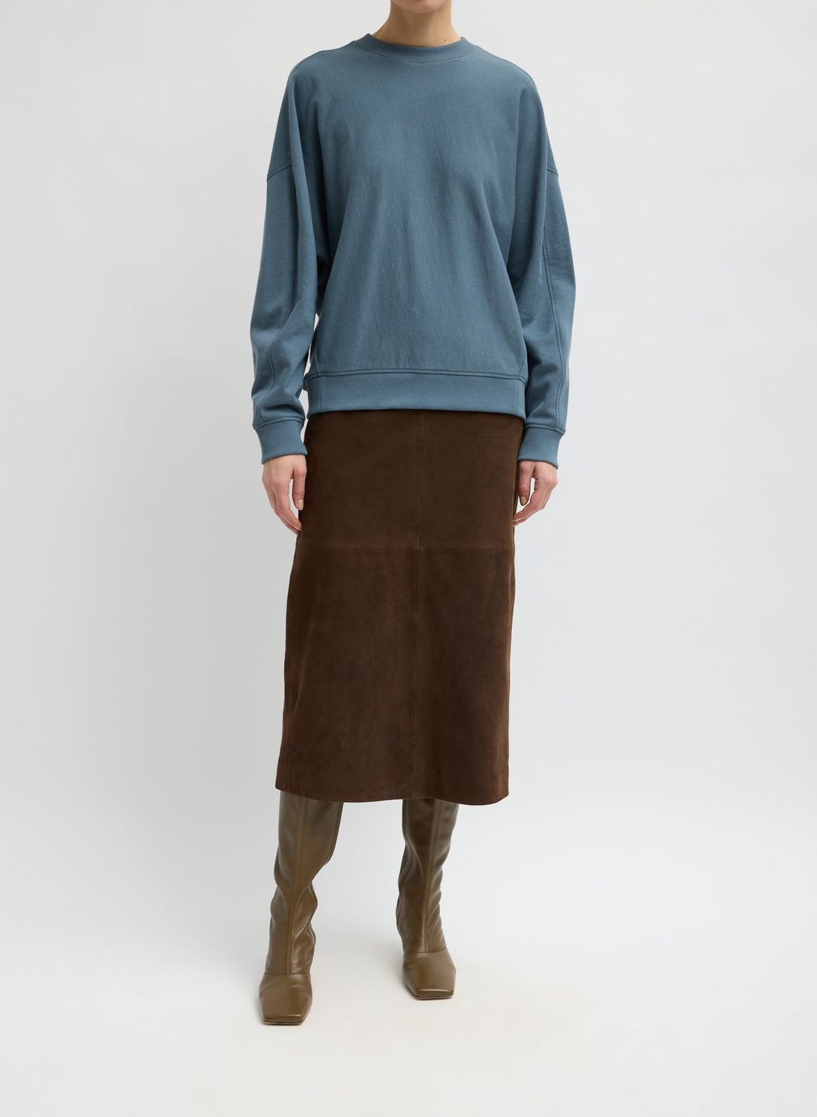 Brown Suede Pencil Skirt with Crewneck Sweatshirt Brown Suede Pencil Skirt with Crewneck Sweatshirt — Pencil Skirts