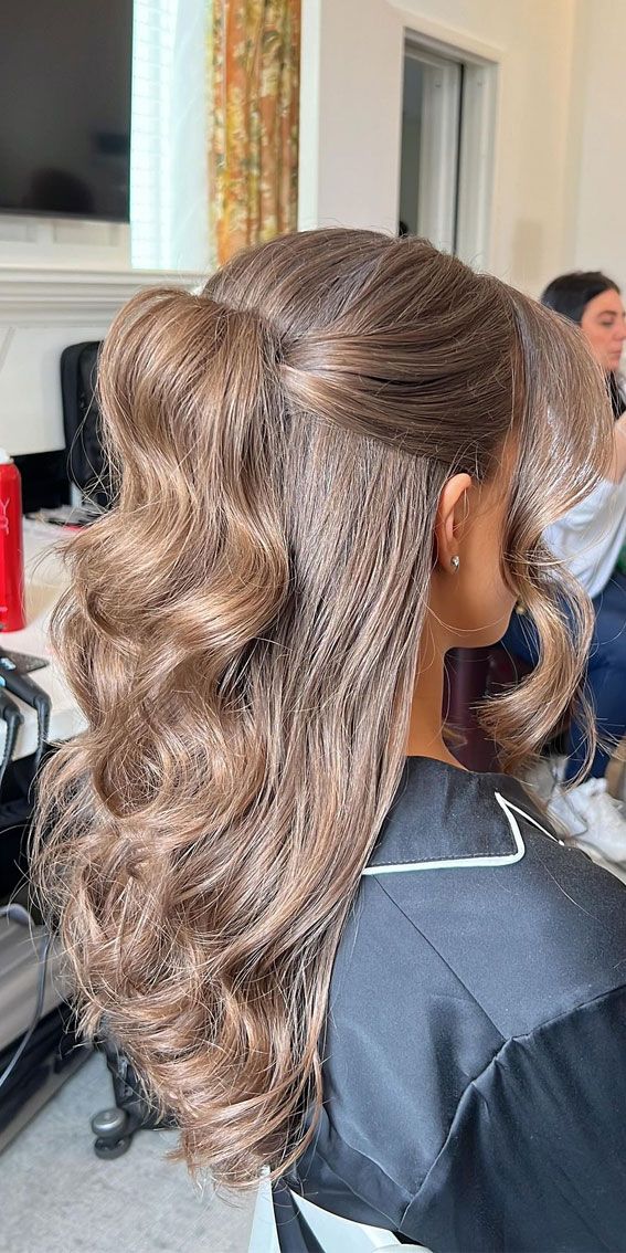 Light Brown Twisted Waves With Curtain Bangs — Half Up Half Down Wavy Hair