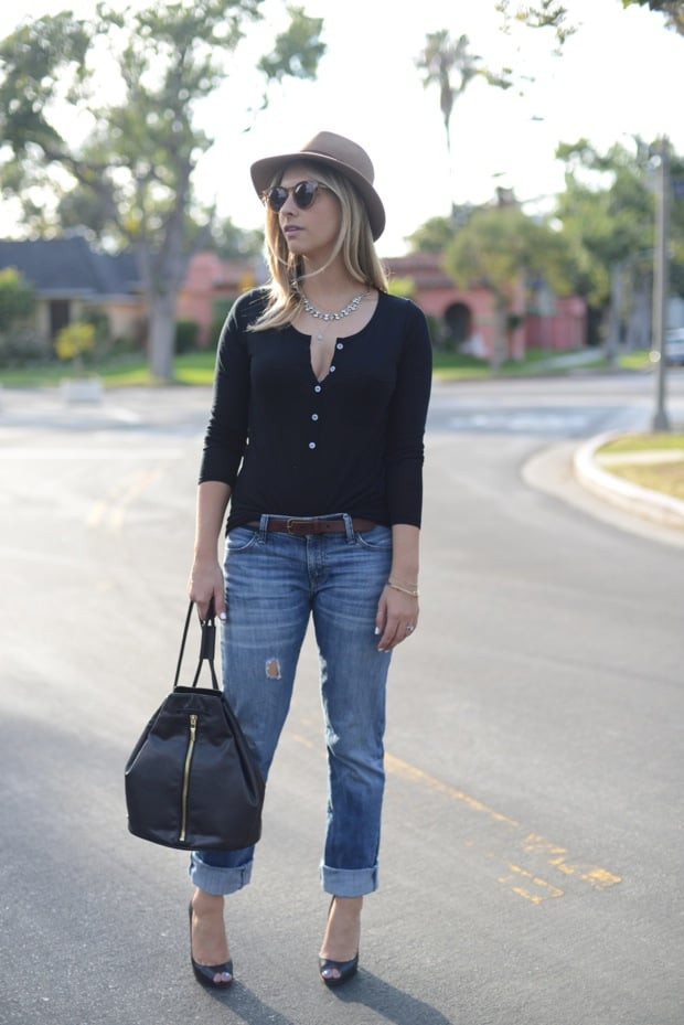 Edgy Casual: Ripped Jeans, Black Heels, and a Fedora with a Black Backpack — Backpack Outfits Women