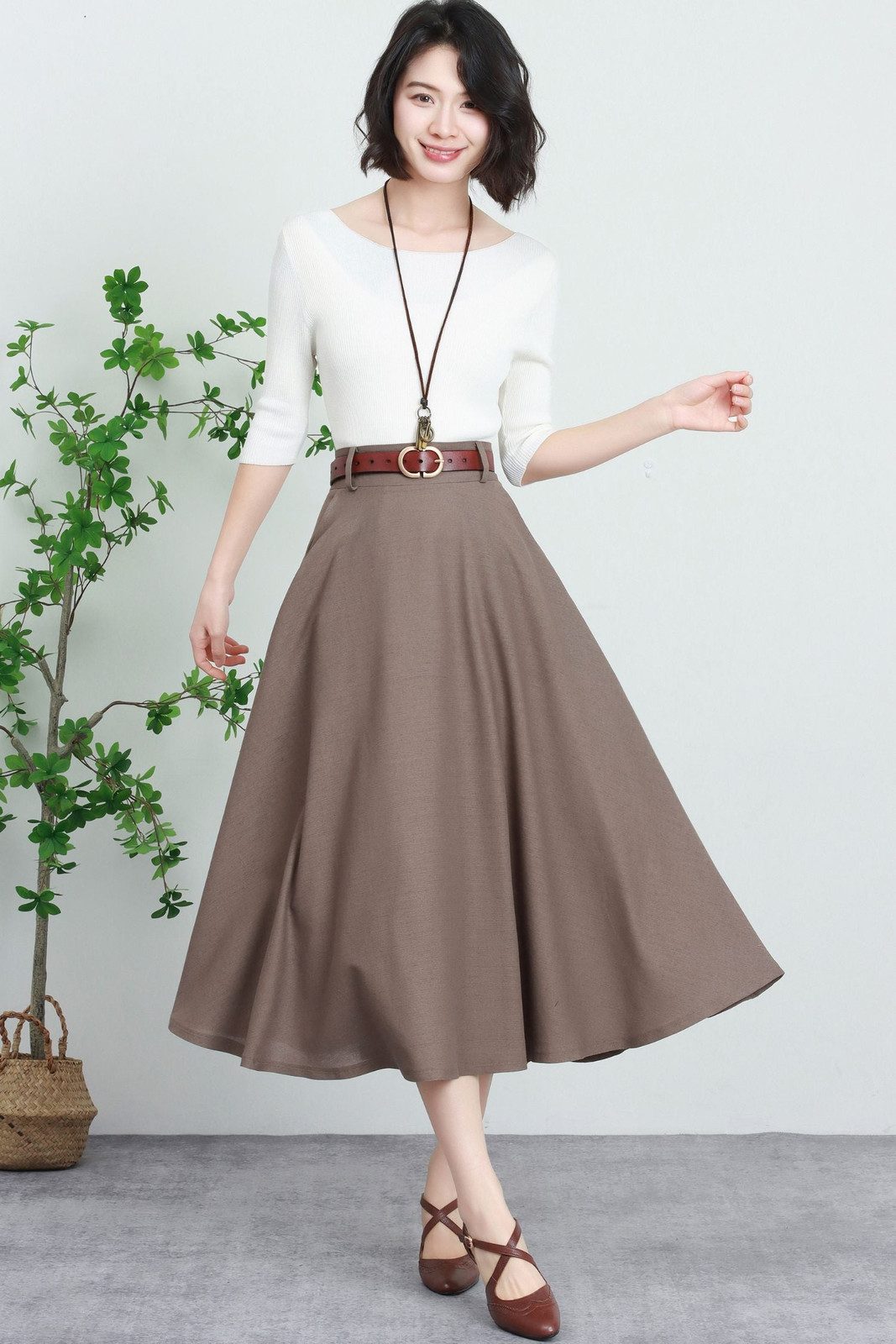 Classic Brown Linen Blend A-Line Midi Skirt — A Line Skirts