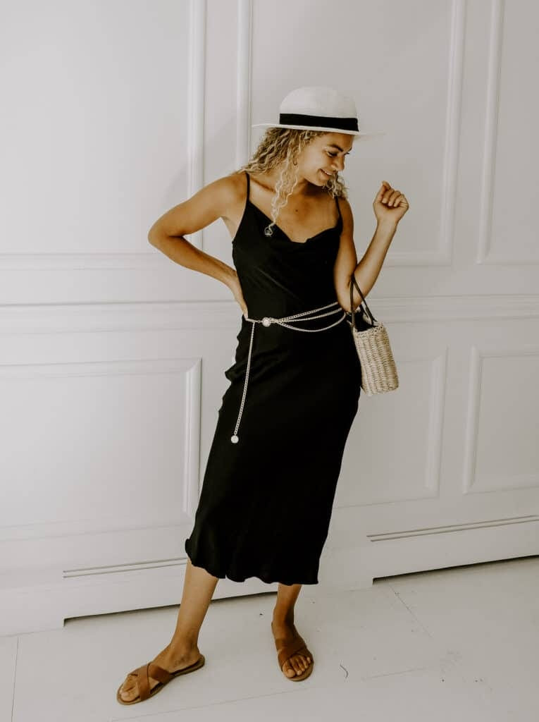 Satin Slip Dress Accented with a Pearl and Chain Belt — Belt Outfits