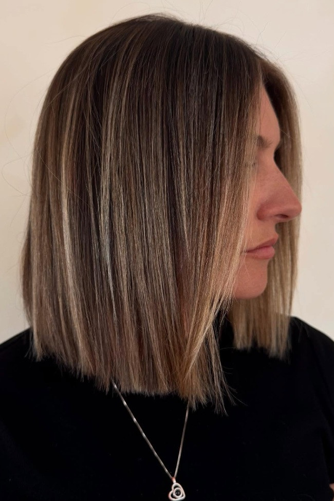 Short Brown Bob With Cool Brown And Beige Balayage — Balayage Straight Hair