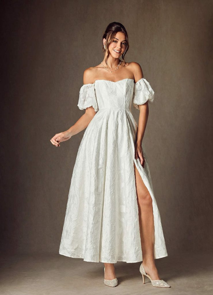 Ivory Off-the-Shoulder Jacquard Dress with Puff Sleeves — Graduation Dresses