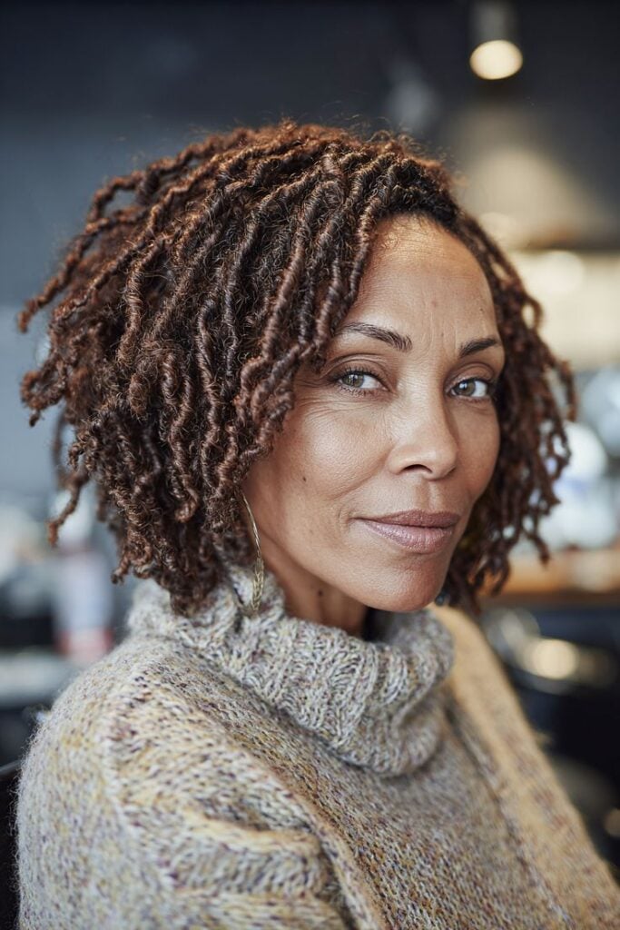 Dark Brown Chin-Length Locs with Curls Dark Brown Chin-Length Locs with Curls — Sister Locs
