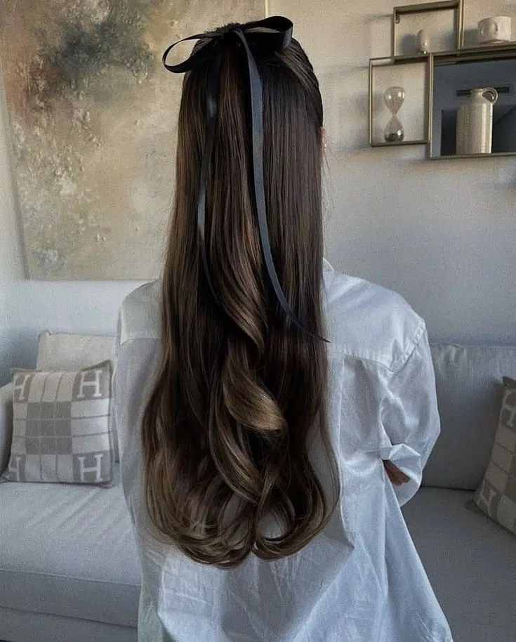Dark Brown High Ponytail with Ribbon — Church Hairstyles