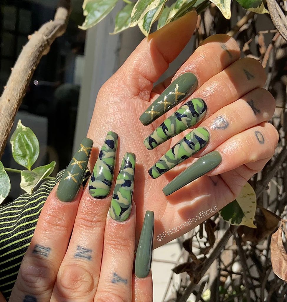 Glossy Green Brown Camo Cross Coffin Glossy Green Brown Camo Cross Coffin — Camo Nails