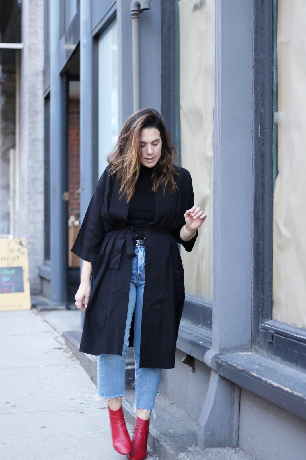 Oversized Robe Coat with Red Ankle Boots — Vancouver Outfits