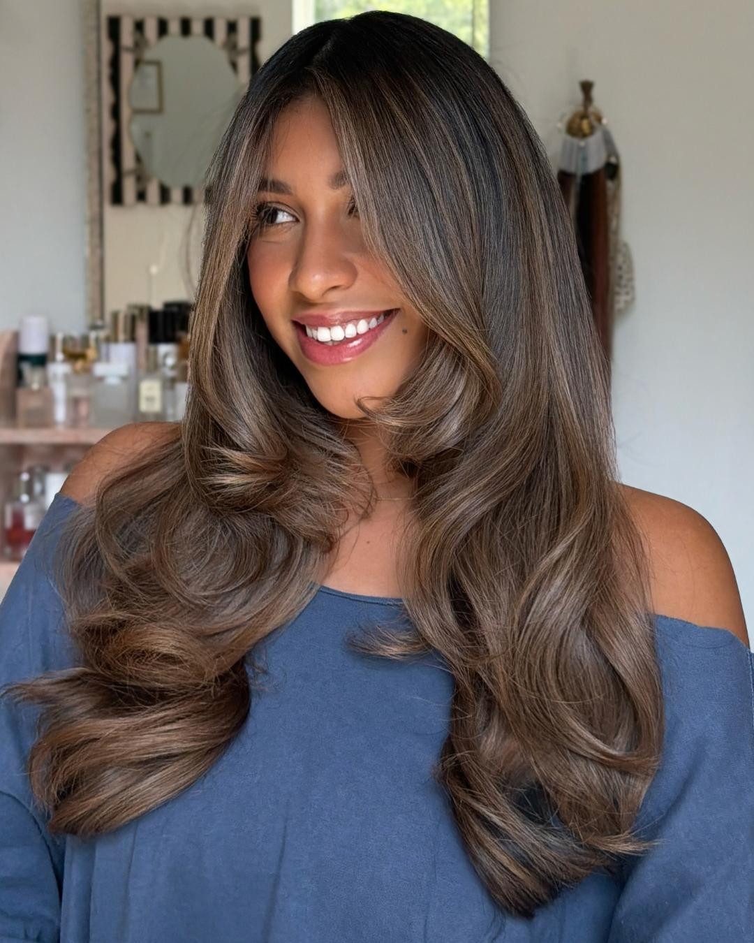 Medium Brown With Caramel Highlights and Curtain Bangs Medium Brown With Caramel Highlights and Curtain Bangs — Caramel Brown Hair