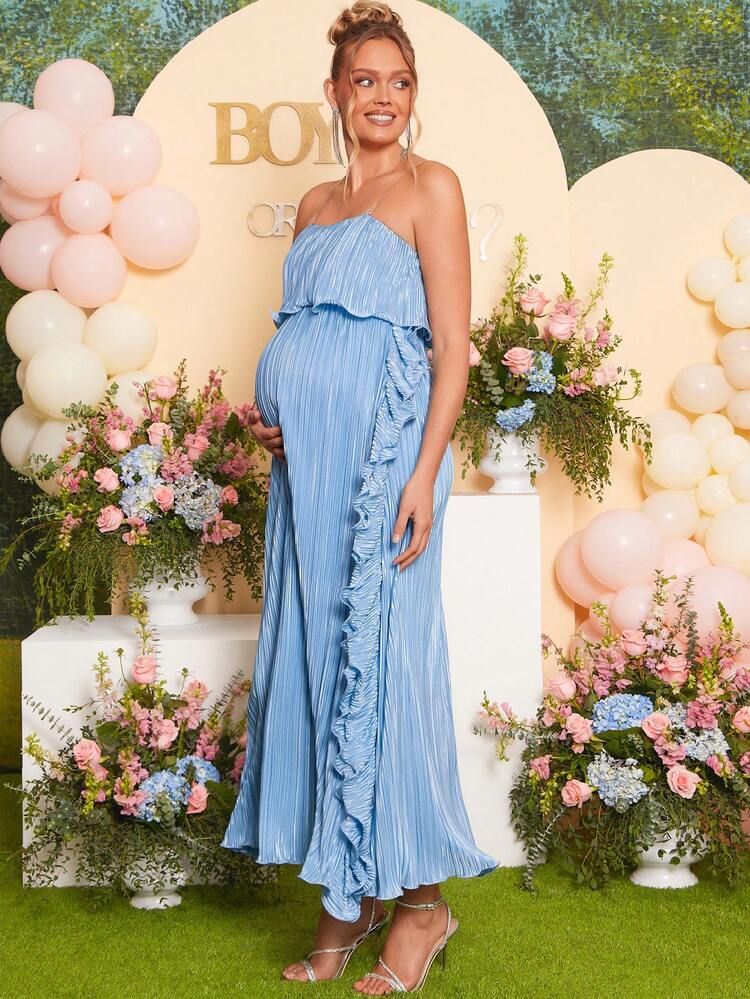 Light Blue Plisse Strapless Ruffled Dress for a Playful Baby Shower Light Blue Plisse Strapless Ruffled Dress for a Playful Baby Shower — Baby Shower Dresses