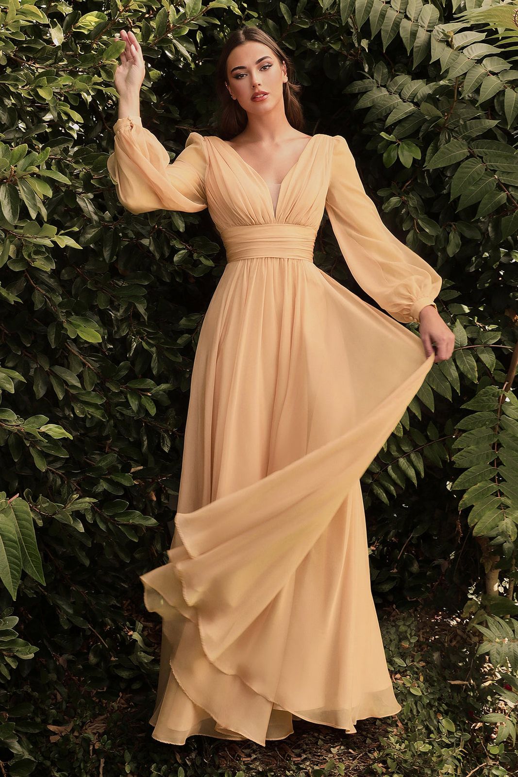 Peach Chiffon Dress with Flowing Bishop Sleeves — Chiffon Dresses