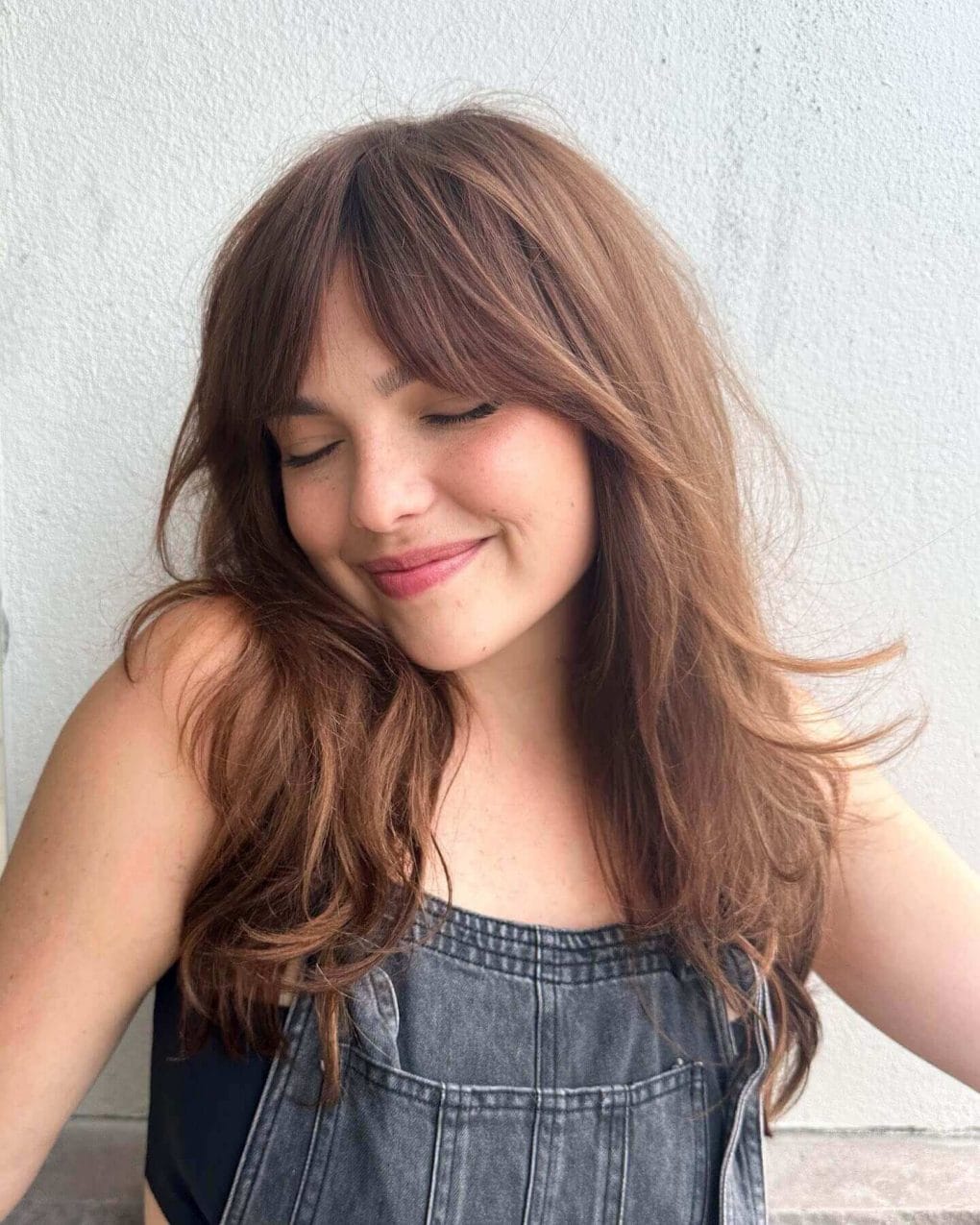 Brown Hair with Overalls and Black Tank Brown Hair with Overalls and Black Tank — Curtain Bangs