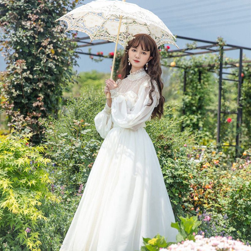 White Lace High-Neck Dress with Parasol — Royalcore Outfits