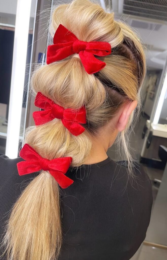 Blonde Bubble Braid With Red Velvet Bows — Hair Bow Hairstyles