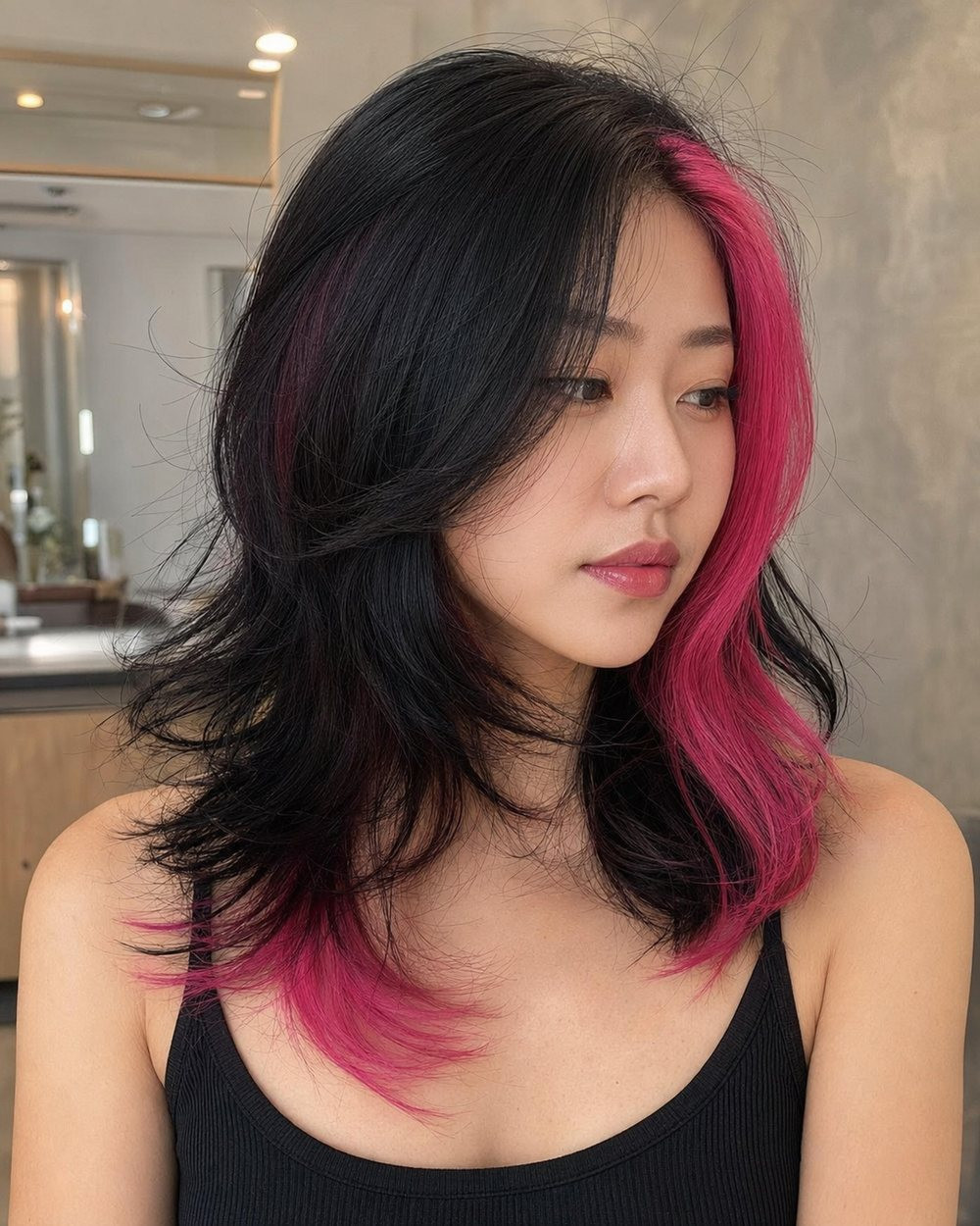 Collarbone Shag With Fuchsia Highlights Collarbone Shag With Fuchsia Highlights — Fuchsia Hair