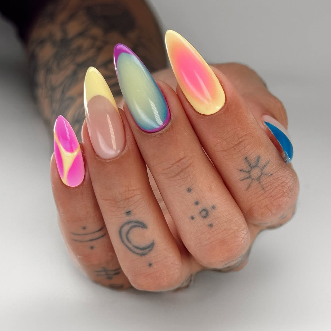 Vibrant Jelly Stiletto Color Block Gradient — Miami Nails