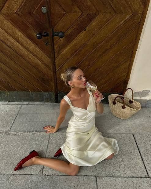 Ivory Satin Slip Dress with Red Flats for Daywear — Satin Dress Outfits