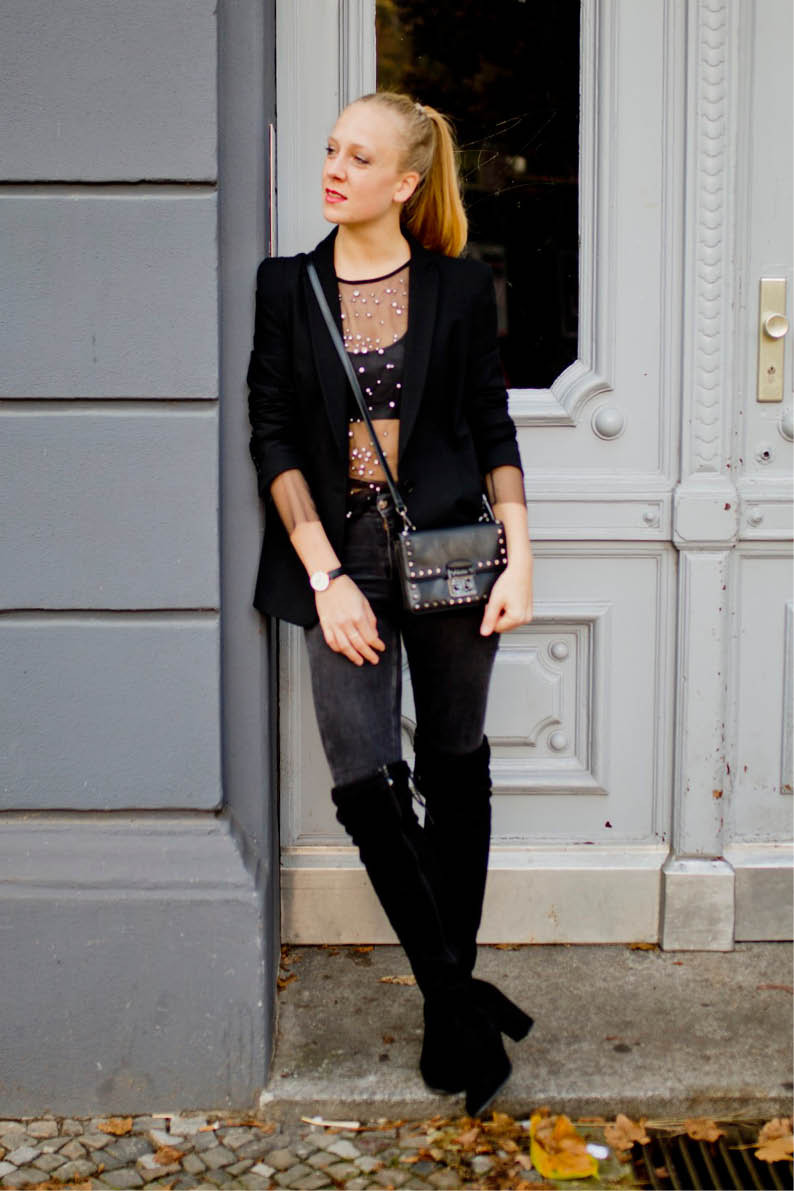 Embellished Mesh Top with Over-the-Knee Boots — Mesh Top Outfits