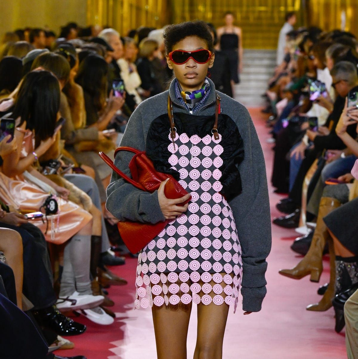 Miu Miu Oversized Sweatshirt and Patterned Mini Dress — Miu Miu Outfits