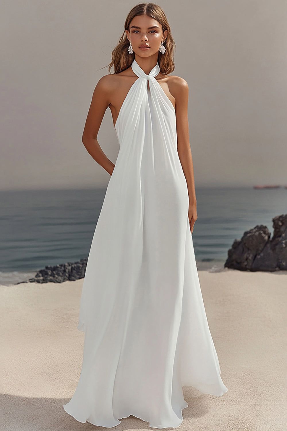 White Chiffon Halter Neck Maxi Dress with Keyhole Detail — Rehearsal Dinner Dresses