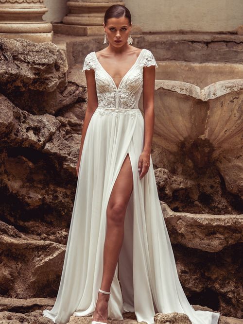 White Lace Maxi Dress with Cap Sleeves and High Slit White Lace Maxi Dress with Cap Sleeves and High Slit — Bridal Shower Outfits