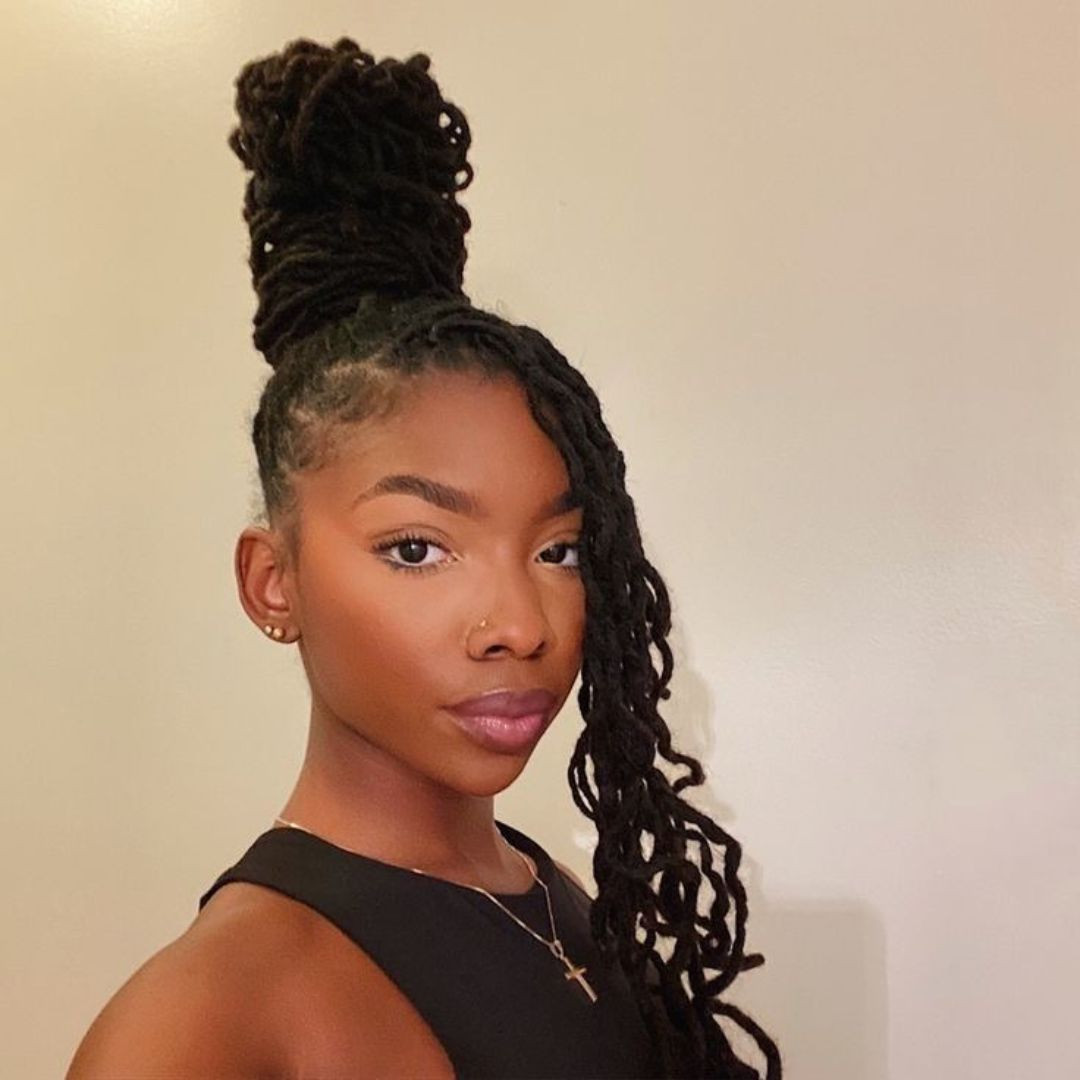 Black Locs High Ponytail with Bangs Black Locs High Ponytail with Bangs — Loc Styles for Work