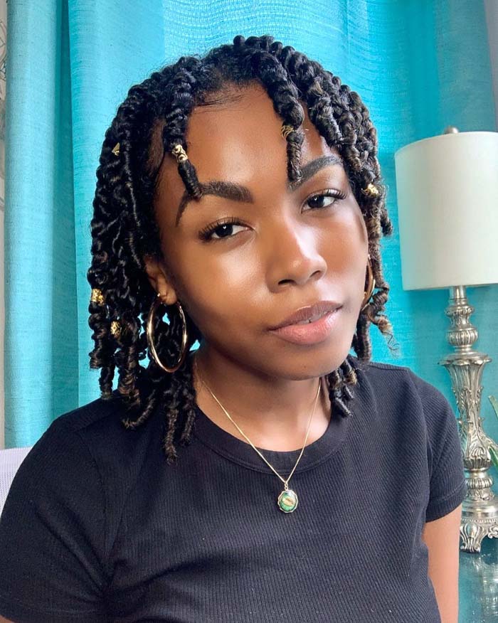Twists with Gold Beads and Fringe — Two Strand Twists