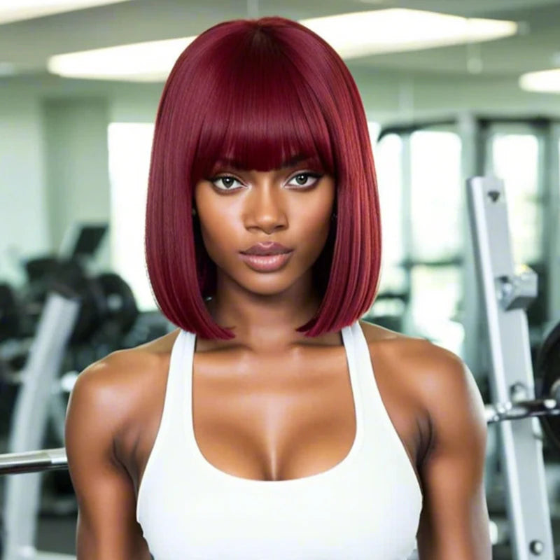 Burgundy Chin Length Bob With Blunt Bangs — Colored Wig Styles