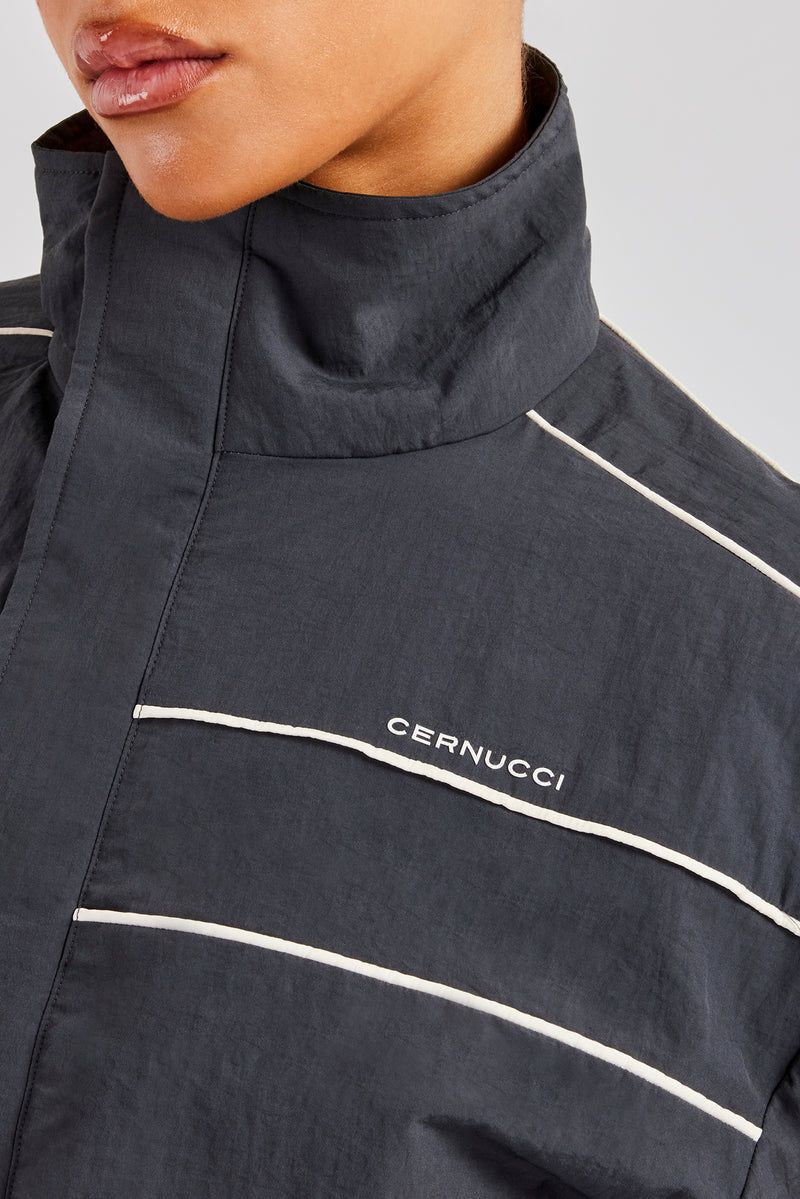 Dark Grey Track Jacket with Cream Piping Detail — Track Jacket Outfits