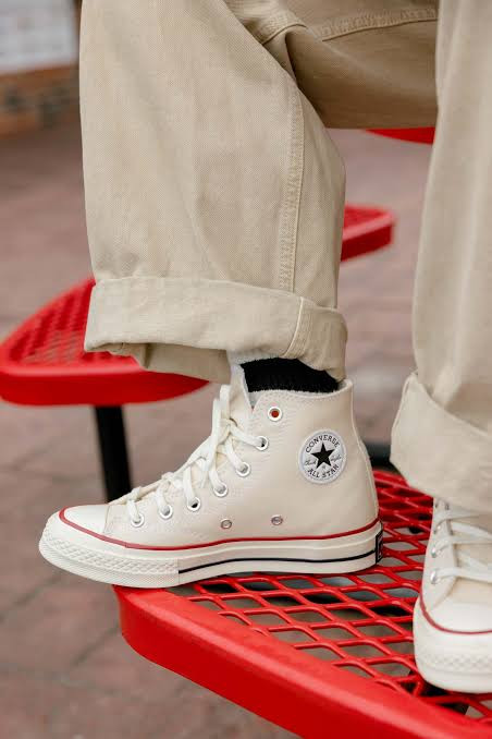 White High-Tops with Red Accents and Wide-Leg Trousers — Chuck 70 Outfits