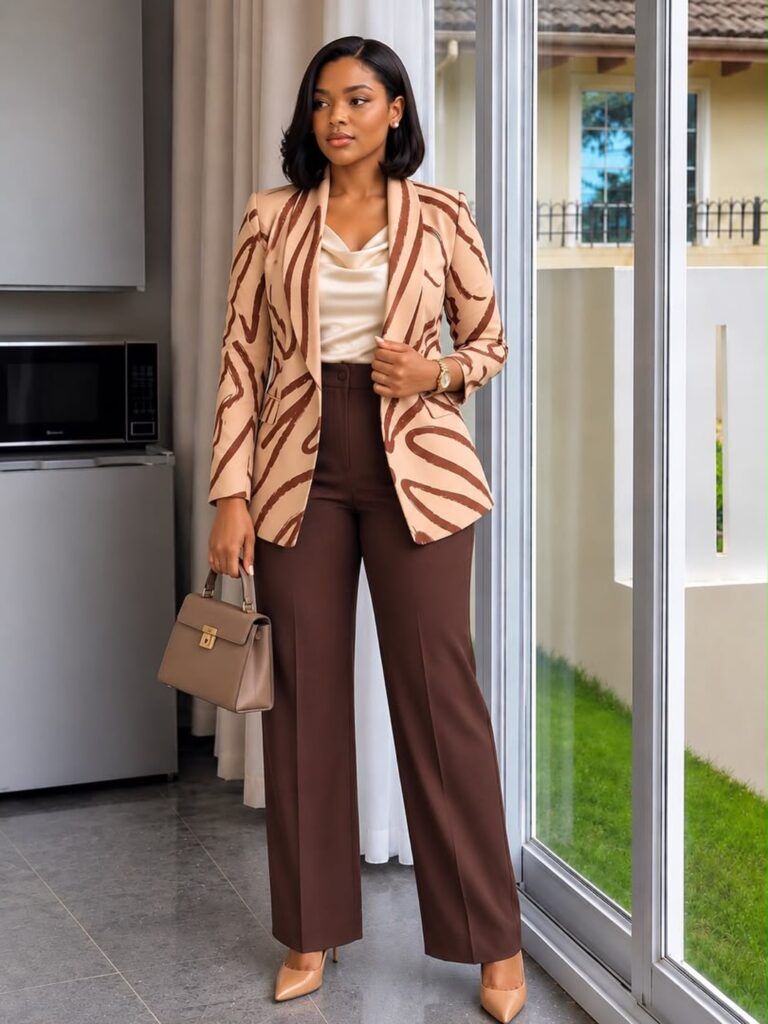 Ivory Satin Cowl Neck Top Under a Patterned Blazer — Satin Top Outfits