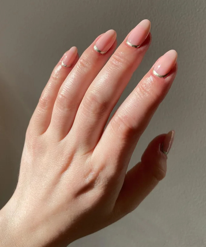 Thin Metallic Gold Line At The Cuticle Sheer Nude Pink with Gold Cuticle Line — Interview Nails
