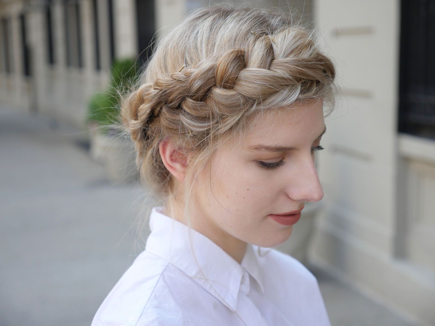 Ash Blonde Crown Braid With Wispy Bangs