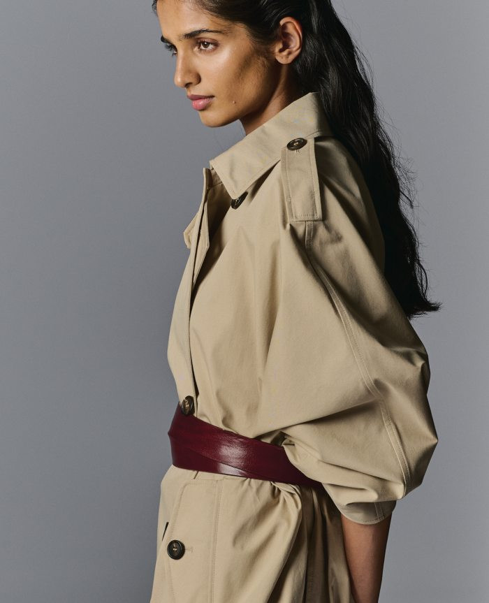 Oversized Trench Coat Defined by a Wide Burgundy Leather Belt — Belt Outfits