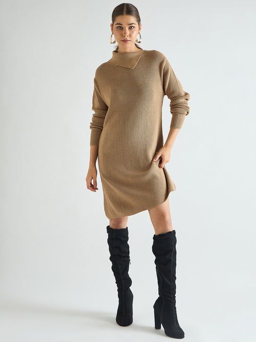 Camel Ribbed Knit Dress with Asymmetrical Neckline — Knee Length Dresses