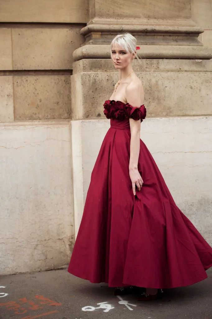 Red Off-the-Shoulder Ballgown with Floral Bodice Detail — Party Dresses