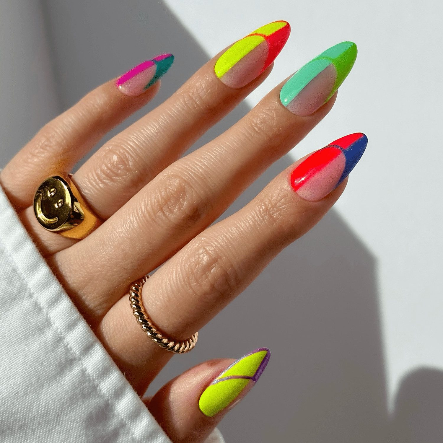 Bold Neon Geometric Color Block Stilettos Bold Neon Geometric Color Block Stilettos — Color Block Nails